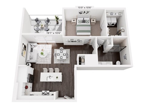 A white floor plan of a house with a kitchen, living room, and two bedrooms.